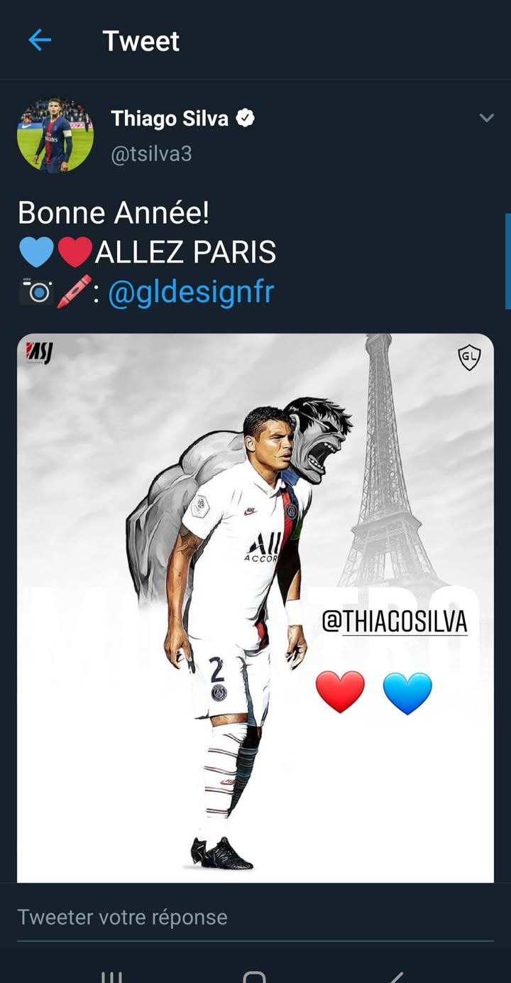 Tweet de Thiago Silva souhaitant la Bonne Année avec crédit @gldesignfr