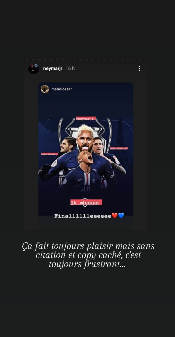 Story Instagram de Neymar repartageant mon visuel